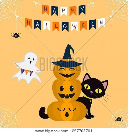 Happy Halloween. Three Pumpkins On Each Other, In The Hat Of A Witch. The Black Cat Sits Behind The 