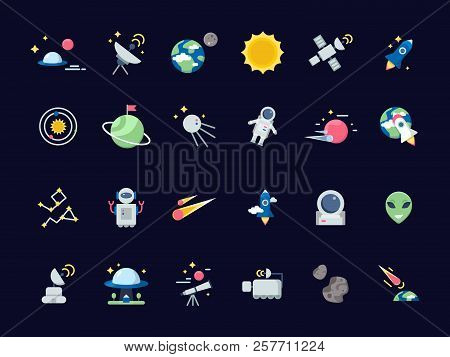 Space Icons. Earth Moon With Sun And Satellites Asteroid Views From Telescope Vector Space Icons In 