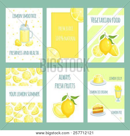 Fresh Lemon Cards. Lemonade And Lemon Citric Juice With Sliced And Fresh Fruits. Vector Retro Templa