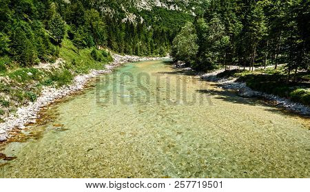 Idyllic Mountain River In Lepena Valley, Soca - Bovec Slovenia.