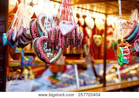 Gingerbread Hearts At German Christmas Market. Nuremberg, Munich, Berlin, Hamburg Xmas Market In Ger