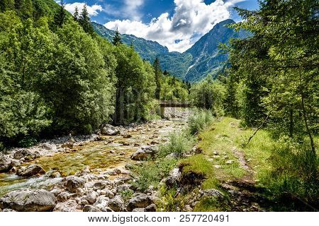 Idyllic Mountain River In Lepena Valley, Soca - Bovec Slovenia.
