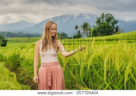 Young Woman Traveler On Beautiful Jatiluwih Rice Terraces Against The Background Of Famous Volcanoes