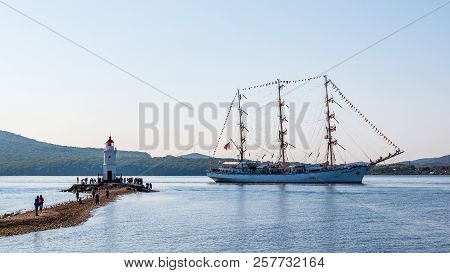 The Movement Of Sailing Ship Nadezhda In The Amur Bay Of The Bosporus Easern Strait In The Backgroun