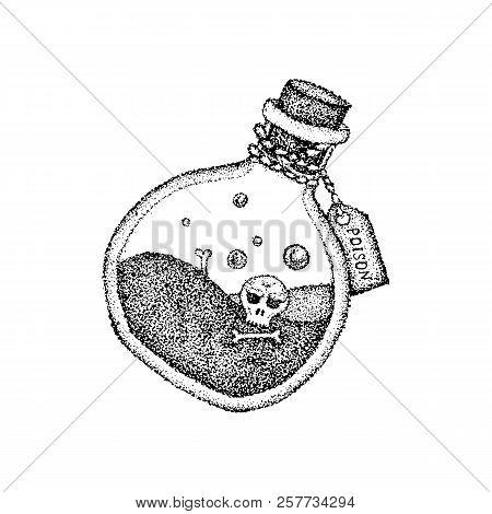 Dotwork Poison Bottle. Vector Illustration Of T-shirt Design. Tattoo Hand Drawn Sketch.