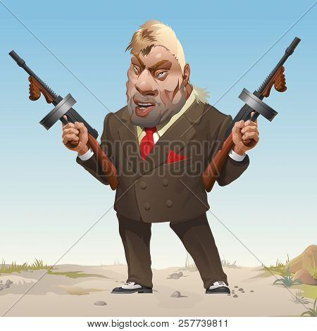 Gangster In Stylish Business Fashion Suit And Sneakers Armed With Two Machine Guns. Bandit Of Wild W