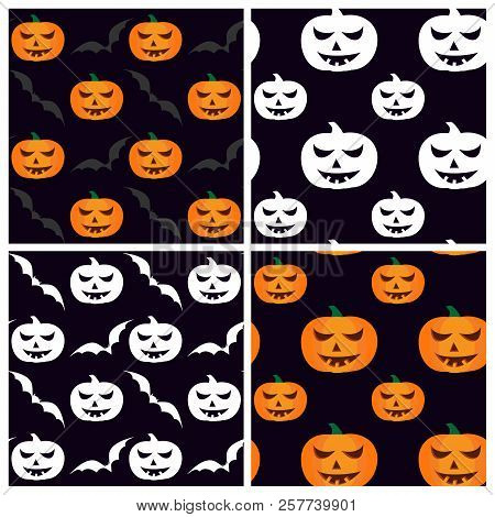 Set Of Seamless Patterns For Halloween, With Pumpkins And Bats. Color And Monochrome. Infinite Image