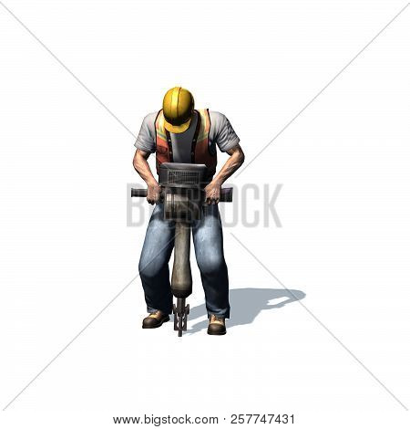 Construction Laborer With Rotary Hammer, Compressed Air Hammer - Isolated On White Background - 3d I