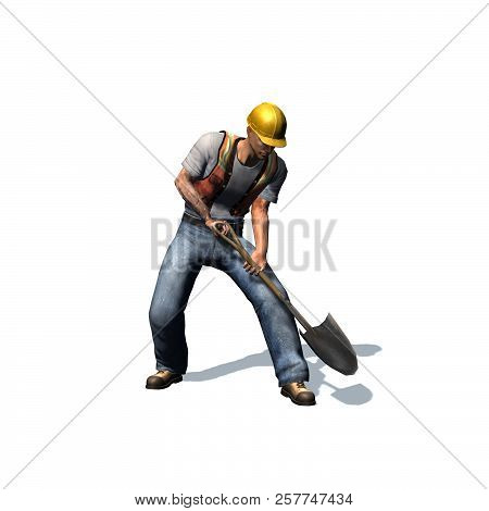 Construction Laborer With Shovel - Isolated On White Background - 3d Illustration