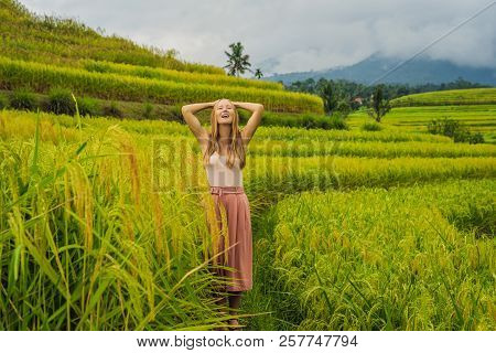 Young Woman Traveler On Beautiful Jatiluwih Rice Terraces Against The Background Of Famous Volcanoes