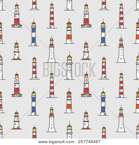 Seamless Pattern With Lighthouses Of Various Types On Light Background. Backdrop With Towers Or Cons