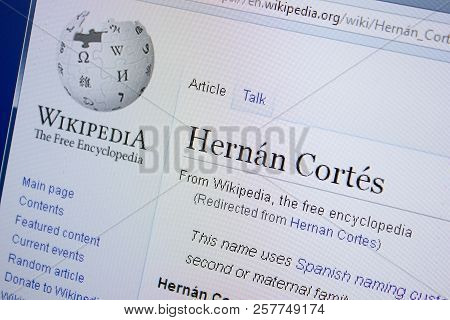 Ryazan, Russia - September 09, 2018 - Wikipedia Page About Hernan Cortes On A Display Of Pc