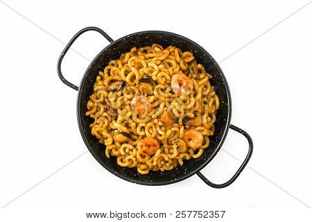 Traditional Spanish Fideua. Noodle Paella Isolated On White Background. Top View