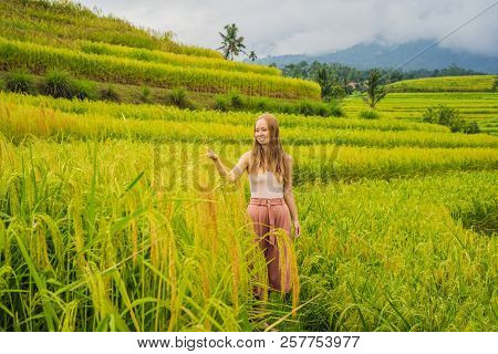Young Woman Traveler On Beautiful Jatiluwih Rice Terraces Against The Background Of Famous Volcanoes