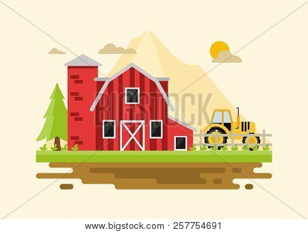 Flat Farm Landscape With Farmhouse.farming Agriculture Concepts.vector Stock.