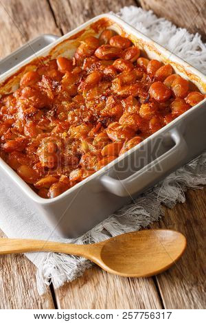 Balkan Food: Baked Beans Prebranac Close-up In A Baking Dish. Vertical