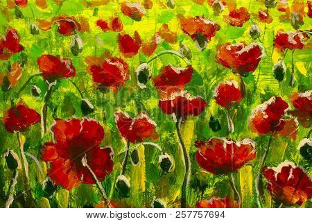 Meadow With Beautiful Bright Red Poppy Flowers In Spring Original Painting Modern Nature Landscape I