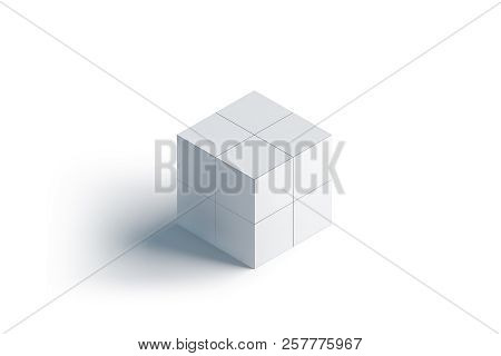 Blank White Promotional Magic Cube Mockup, Stand Isolated, 3d Rendering. Empty Folding Tessera Promo
