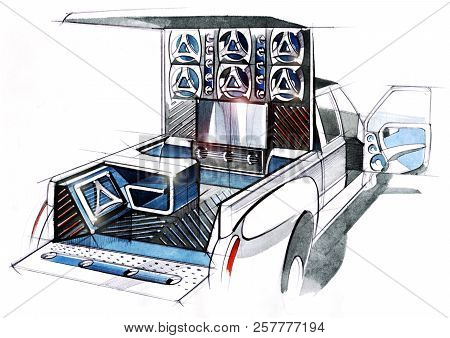 A Design Illustration Of A Project Of An Exclusive Tuned Car Pickup For Music Festivals. Examination
