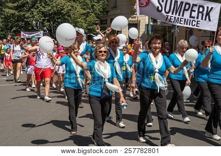 Prague, Czech Republic - July 1, 2018: People Parading At Sokolsky Slet, A Once-every-six-years Gath