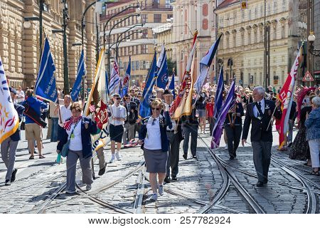 Prague, Czech Republic - July 1, 2018: American Visitors Parading At Sokolsky Slet, A Once-every-six