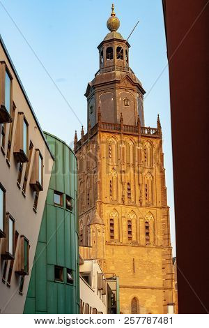 Modern Architecture Of Town Hall In Contrast With Historic Church Tower Of The Walburgiskerk In Zutp