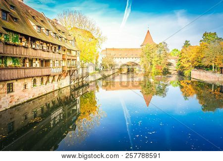 Old Town Of Nuremberg With Half-timbered Houses And Hallertorbrucke Bridge Over Pegnitz River, Germa