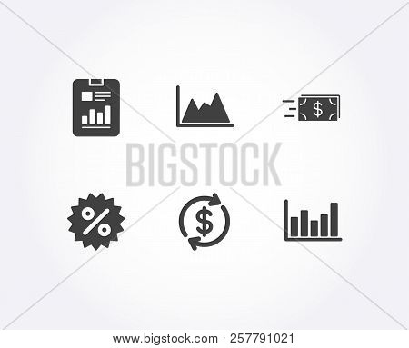 Set Of Diagram, Money Transfer And Discount Icons. Report Document, Usd Exchange And Column Chart Si