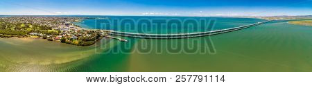 Aerial view of Houghton Bridges, which cross the Bramble Bay connecting the Redcliffe Peninsula and Brigthon