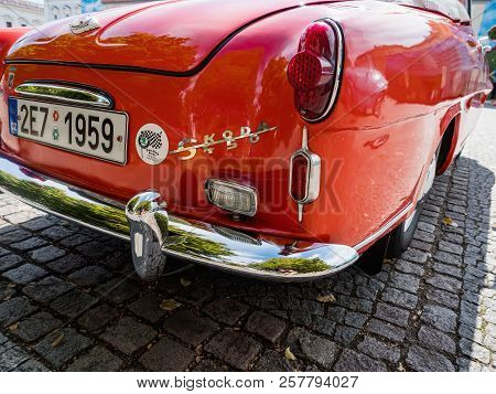 Vysoke Myto, Czech Republic - Sept. 09. 2018. Historical Red Car Skoda Felicia Cabrio On The Square 