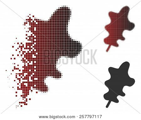 Oak Leaf Icon In Dispersed, Pixelated Halftone And Undamaged Entire Variants. Pixels Are Organized I