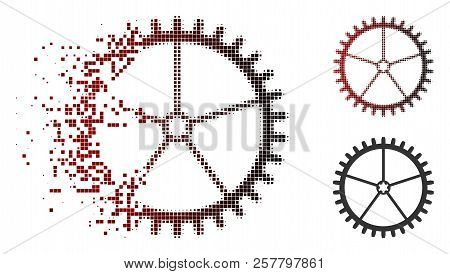 Tooth Wheel Icon In Fractured, Dotted Halftone And Undamaged Entire Variants. Pixels Are Arranged In