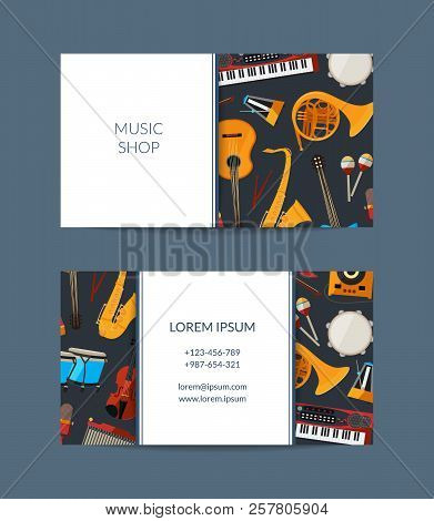 Vector Cartoon Musical Instruments Business Card Template For Music Shop Illustration