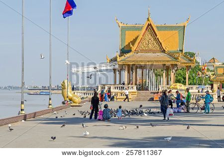 Phnom Penh, Cambodia - April 9, 2018: Preah Sisowath Quay, A Riverside Public Promenade Along The  T
