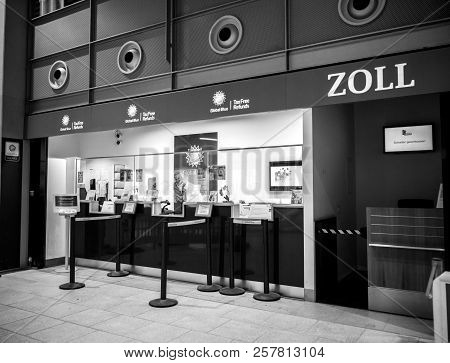 Basel, Switzerland - Aug 29, 2018: Interior Shot Of Customs Zoll Stand Inside Of Modern Airport And 