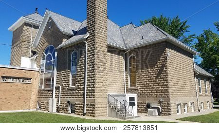 Grace Mennonite Church Back Exterior Facade Under A Clear Blue Sky, Pandora, Oh, July 5, 2018