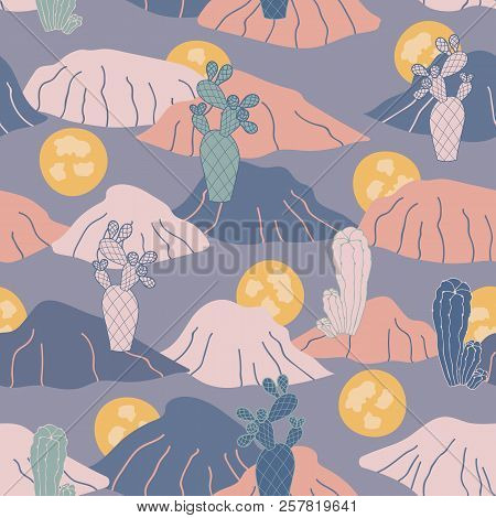 Vector Desert Sunset Landscape With Cactus And Mountains. Perfect For Background, Fabric, Scrapbooki