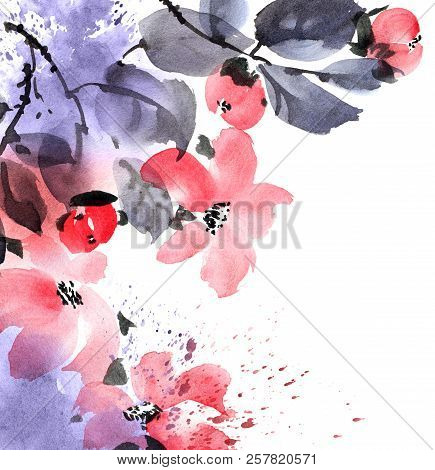 Watercolor And Ink Illustration Of Tree Branch With Pink Flowers, Grunge Watersplashes Texture, Sumi
