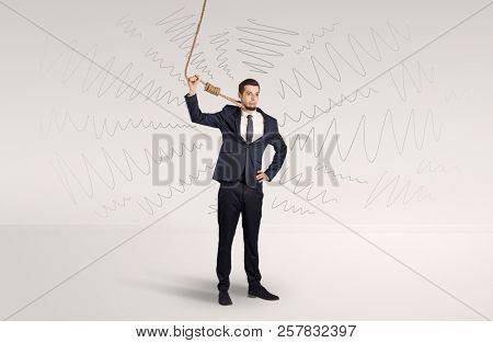 Hopeless young businessman trying to suicide with question signs concept