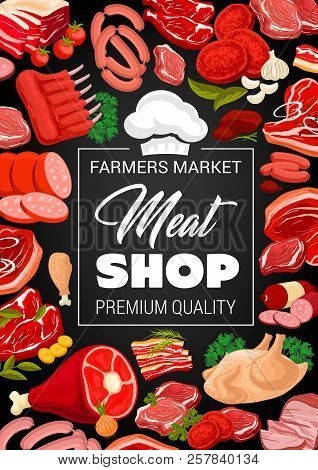 Meat Shop Poster For Butchery Products. Sausages And Delicatessen, Pork Bacon Or Beef Steak And Tend