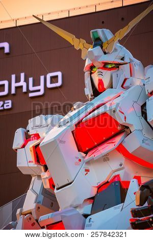 Tokyo, Japan - April 20 2018: Full-size Mobile Suit  Rx-0 Unicorn Gundam Replica From The Mobile Sui