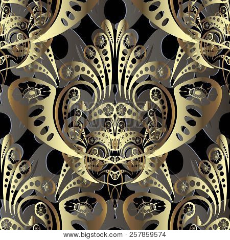 Gold Baroque 3d Vector Seamless Pattern. Modern Ornamental Textu