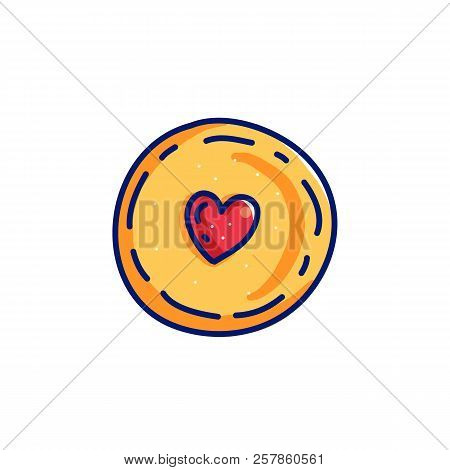 Traditional Christmas Linzer Cookie With Heart Shaped Jam Topping. Cartoon Doodle Vector Sticker Ill