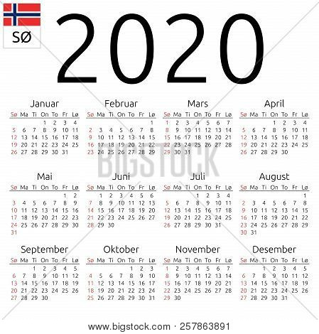 Simple Annual 2020 Year Wall Calendar. Norwegian Language. Week Starts On Sunday. Highlighted Sunday
