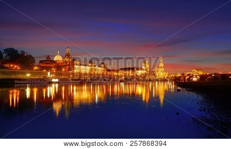 Dresden sunset skyline reflecion in Elbe river in Saxony of Germany