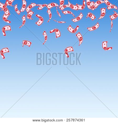 British Pound Notes Falling. Sparse Gbp Bills On Blue Sky Background. United Kingdom Money. Awesome 
