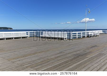 Wooden Sopot Pier In Sunny Day, Sopot, Poland. It Is The Longest Wooden Pier In Europe, 511,5 M Long