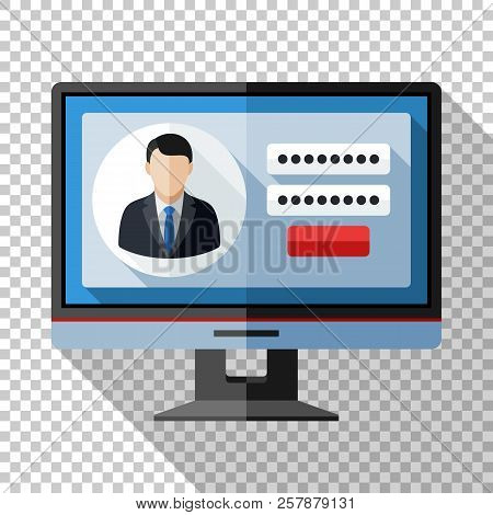 Monitor Icon In Flat Style With User Login Form On The Screen And Long Shadow On Transparent Backgro