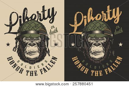 T-shirt Print With Gorilla Soldier Concept. Vector Illustration