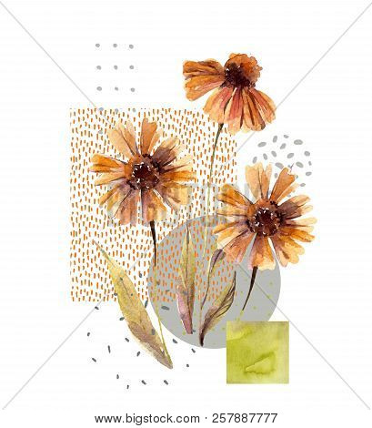 Abstract Floral And Geometric Background. Watercolor Flowers, Leaves, Circle, Square Shapes, Minimal